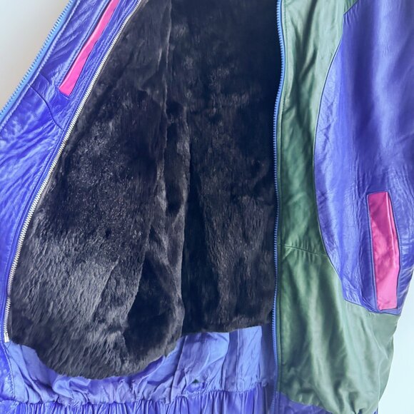 Pano Sereti Multicolor Green Blue Pink Bomber Jacket w Sheared Rabbit Liner S - Picture 7 of 8